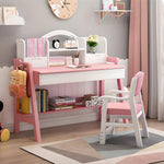 Kids Study Desk and Chair Set, Adjustable Height Solid Wood Bedroom Furniture, Pink Table and Chair with Shelves and Drawer, School Students Home Office Workstation