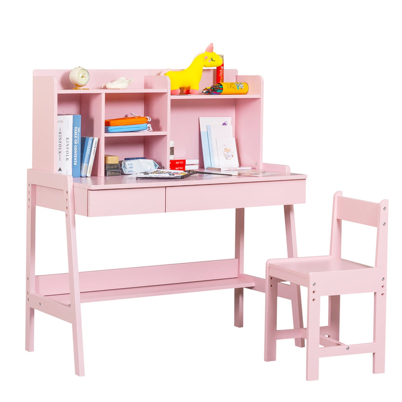 Children's Desk and Chair Set,  Wood Study Desk Set with Adjustable Height and Large Drawer, Student Writing Desk Computer Workstation with Bookcase and Open Shelf for Family