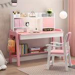 LYHOE All Solid Wood Kids Study Desk and Chair Set Adjustable Height, Children Bedroom Furniture, Pink Kids Table and Chair Set with Shelves Hutch, School Student's Table Office Computer Workstation