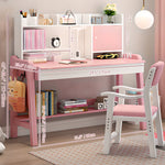 LYHOE All Solid Wood Kids Study Desk and Chair Set Adjustable Height, Children Bedroom Furniture, Pink Kids Table and Chair Set with Shelves Hutch, School Student's Table Office Computer Workstation