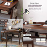 LYHOE Wood Writing Desk and Chair Set, 홈 오피스 컴퓨터 책상, 서랍과 수납 선반이 있는 스터디 책상