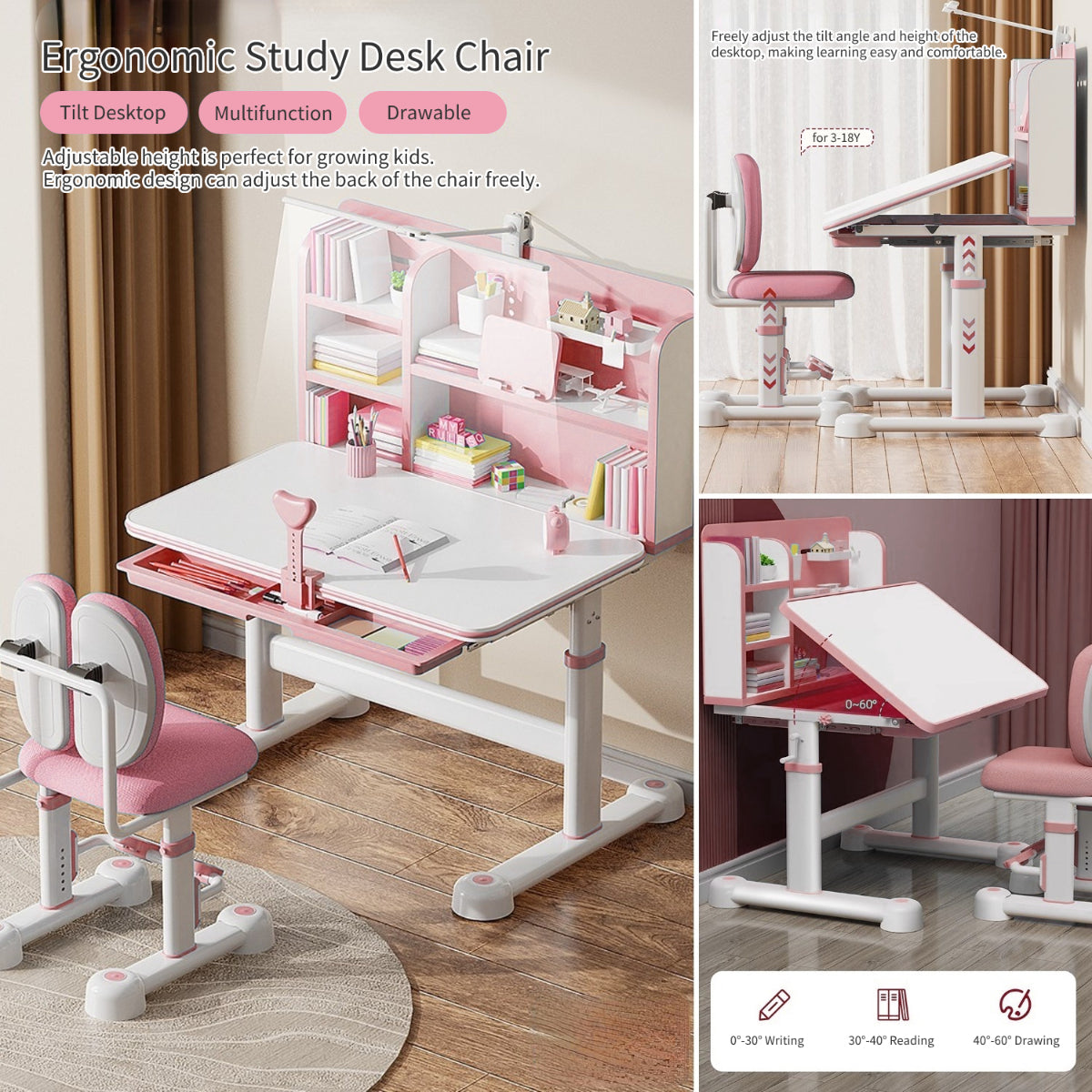 Children Desk Kids Study Child School Adjustable Height Student Table Chair  Set with Storage Perfect Gift For Kids-Pink 