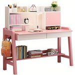 LYHOE All Solid Wood Kids Study Desk and Chair Set Adjustable Height, Children Bedroom Furniture, Pink Kids Table and Chair Set with Shelves Hutch, School Student's Table Office Computer Workstation