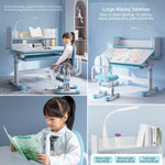 Children Desk and Chair Set Height Adjustable, Ergonomic Kids Study Table with Tilt Desktop, Storage Drawers, LED Light, Bookstand