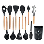 12/16Pcs Kitchen Silicone Cooking Utensil Set Black Wooden Spoons for Cooking Gadgets Spatula Holder Handle Heat Resistant Ladle