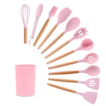 12/16Pcs Kitchen Silicone Cooking Utensil Set Black Wooden Spoons for Cooking Gadgets Spatula Holder Handle Heat Resistant Ladle