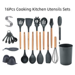 12/16Pcs Kitchen Silicone Cooking Utensil Set Black Wooden Spoons for Cooking Gadgets Spatula Holder Handle Heat Resistant Ladle