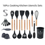 12/16Pcs Kitchen Silicone Cooking Utensil Set Black Wooden Spoons for Cooking Gadgets Spatula Holder Handle Heat Resistant Ladle