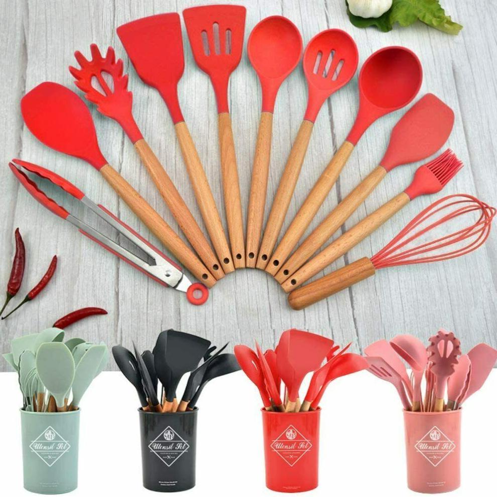  Silicone Cooking Utensils Kitchen Utensil Set - Heat Resistant Kitchen  Utensils Spatula Set with Holder,Wooden Handle Silicone Kitchen Tools  Gadgets for Non-Stick Cookware,BPA Free (Red) : Home & Kitchen
