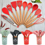 12/16Pcs Kitchen Silicone Cooking Utensil Set Black Wooden Spoons for Cooking Gadgets Spatula Holder Handle Heat Resistant Ladle